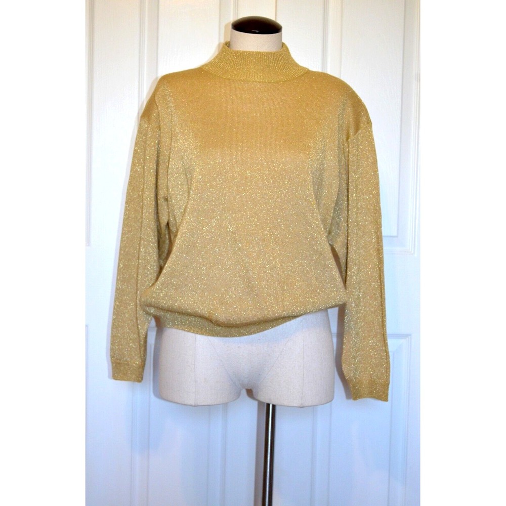 Vintage Lise J.  Gold Metallic Mock Neck Sweater Women's‎ M Long Sleeves EVC